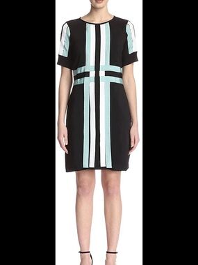 Beatrice B Abito Ribbon Front Sheath Dress Black Mint Green M $390